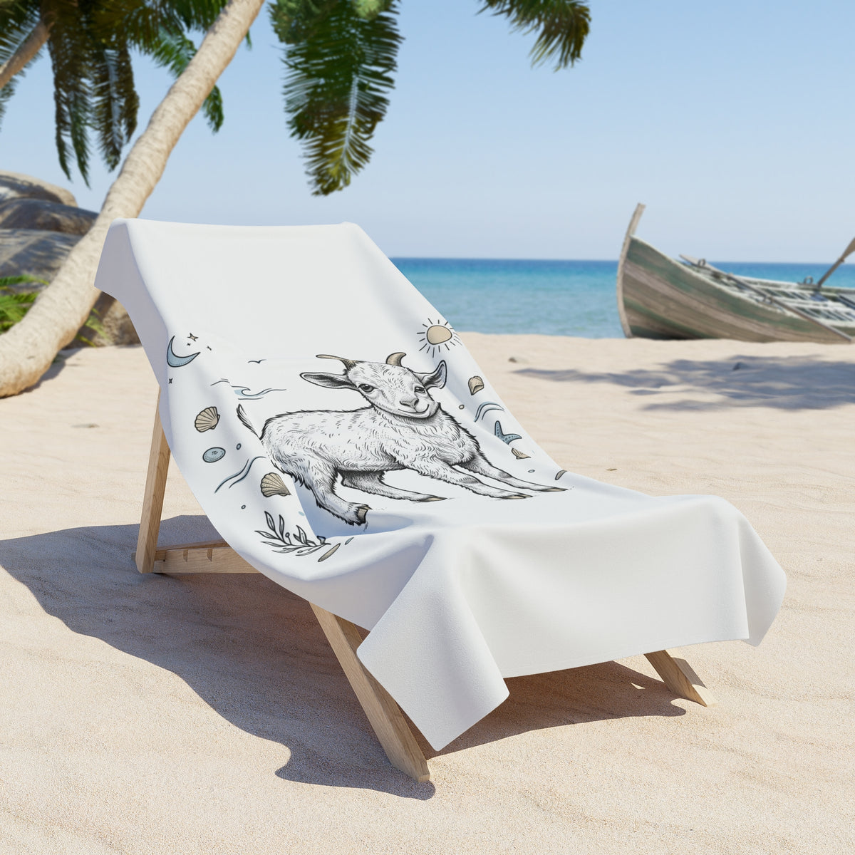 Goat Illustration Beach Towel — Cute Boho Farm Animal Sun & Moon Design