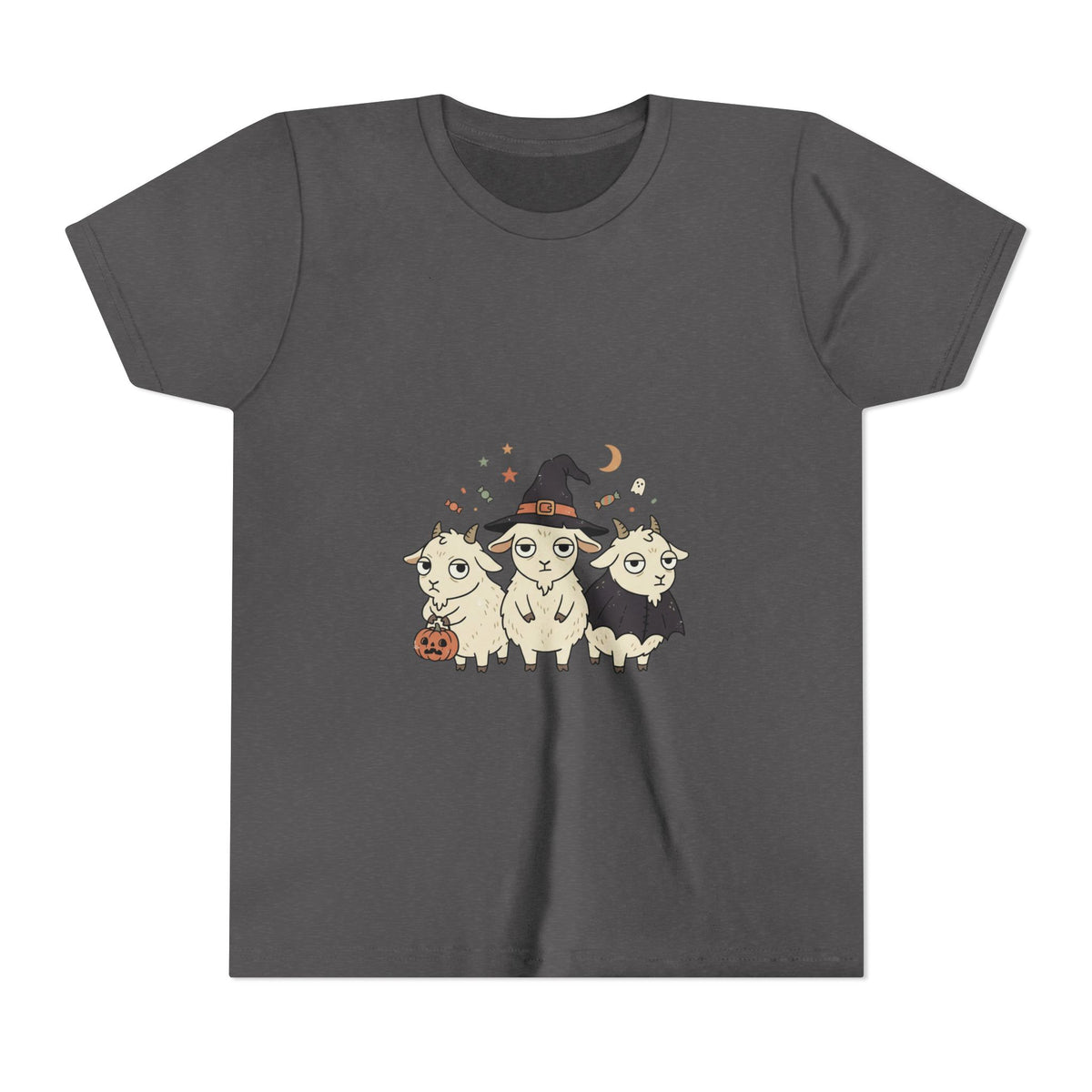 Youth Tee — Cute Halloween Goats Graphic Tee (Witch Hat, Pumpkin)