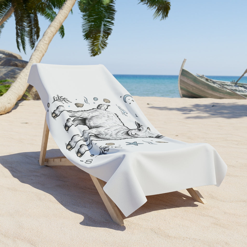 Goat Beach Towel — Cute Coastal Baby Goat Illustration Beach Towel