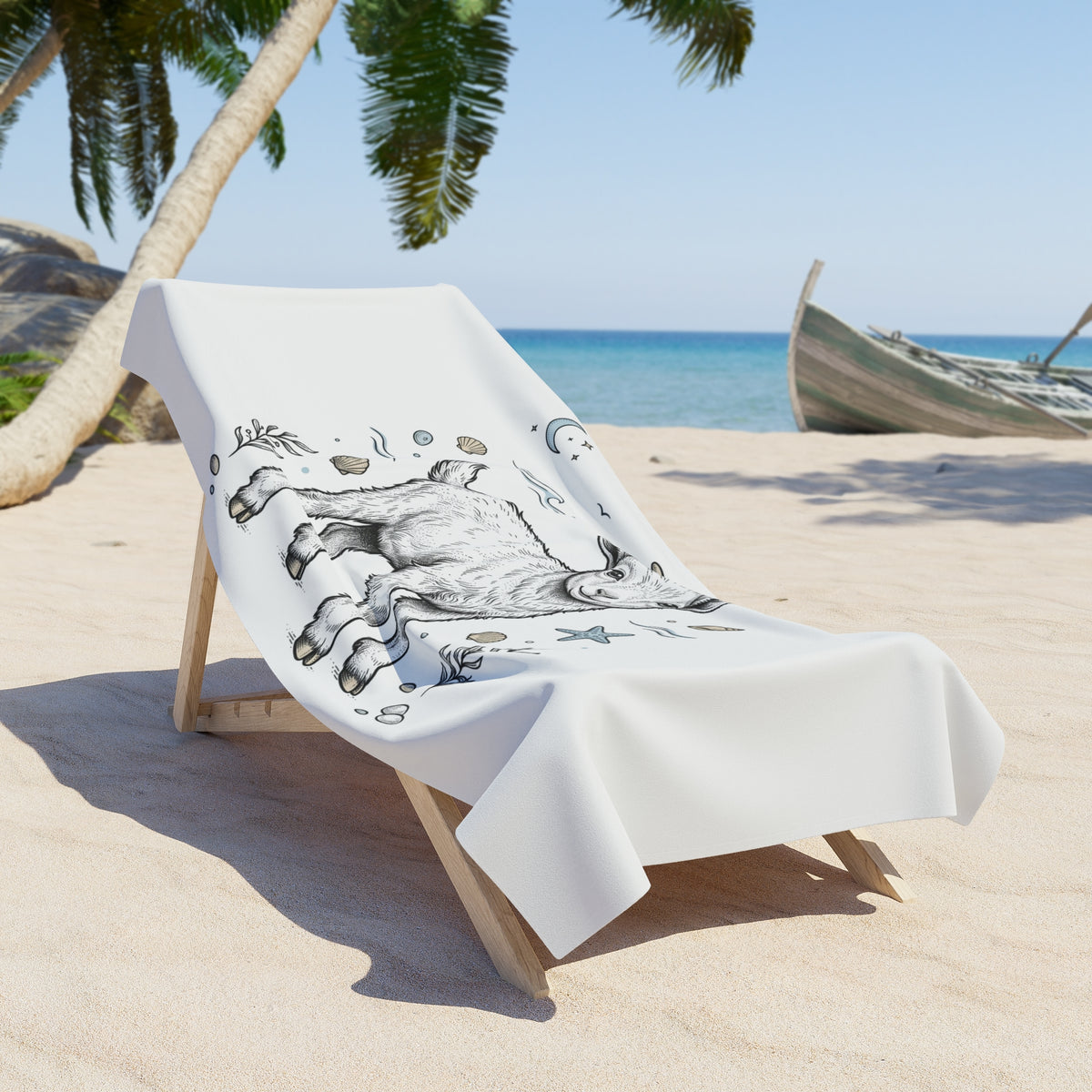 Goat Beach Towel — Cute Coastal Baby Goat Illustration Beach Towel