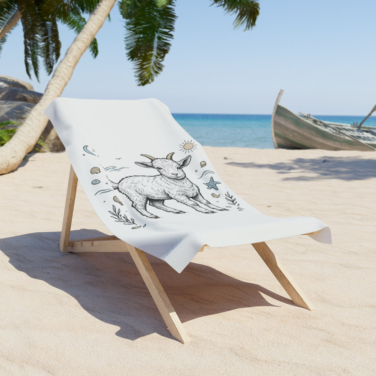 Goat Illustration Beach Towel — Cute Boho Farm Animal Sun & Moon Design