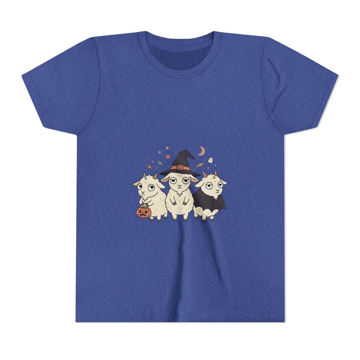 Youth Tee — Cute Halloween Goats Graphic Tee (Witch Hat, Pumpkin)