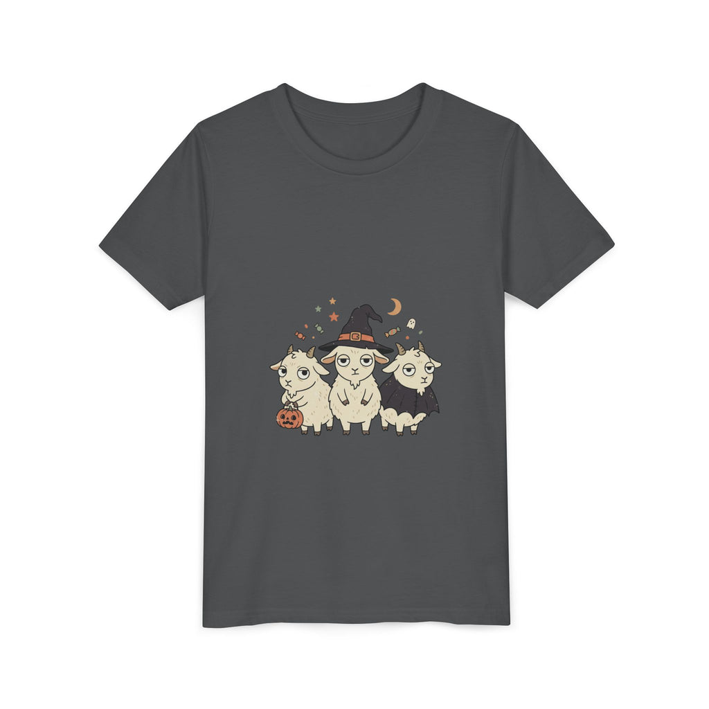 Youth Tee — Cute Halloween Goats Graphic Tee (Witch Hat, Pumpkin)