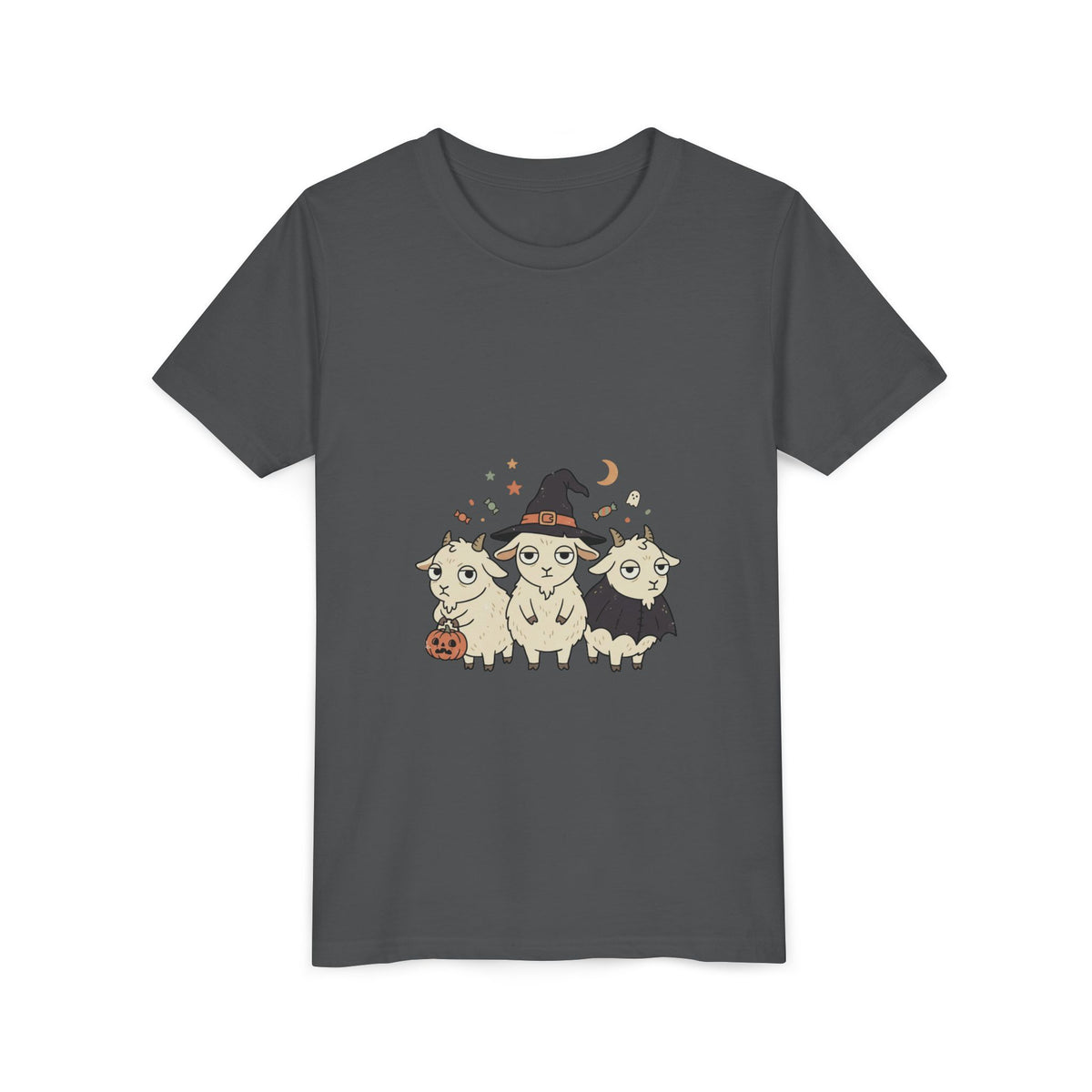 Youth Tee — Cute Halloween Goats Graphic Tee (Witch Hat, Pumpkin)