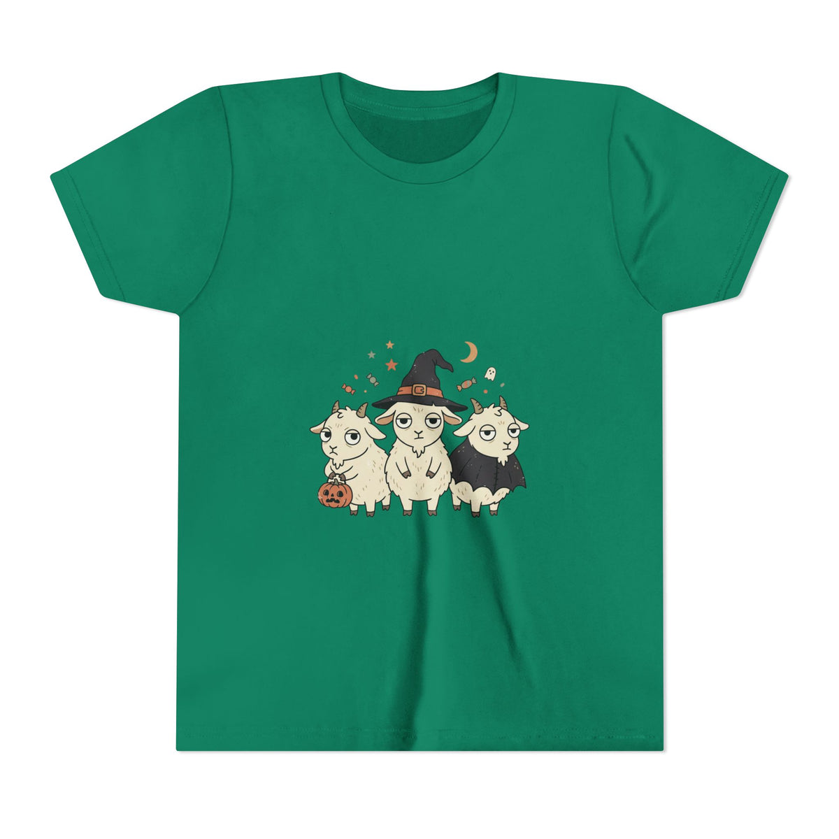Youth Tee — Cute Halloween Goats Graphic Tee (Witch Hat, Pumpkin)