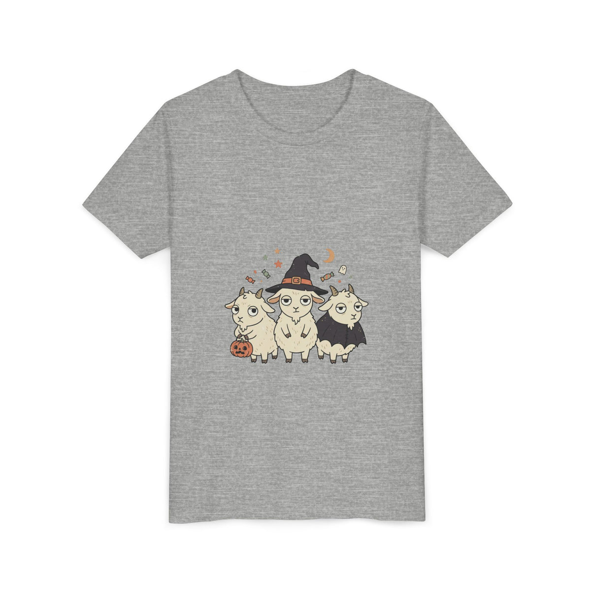 Youth Tee — Cute Halloween Goats Graphic Tee (Witch Hat, Pumpkin)