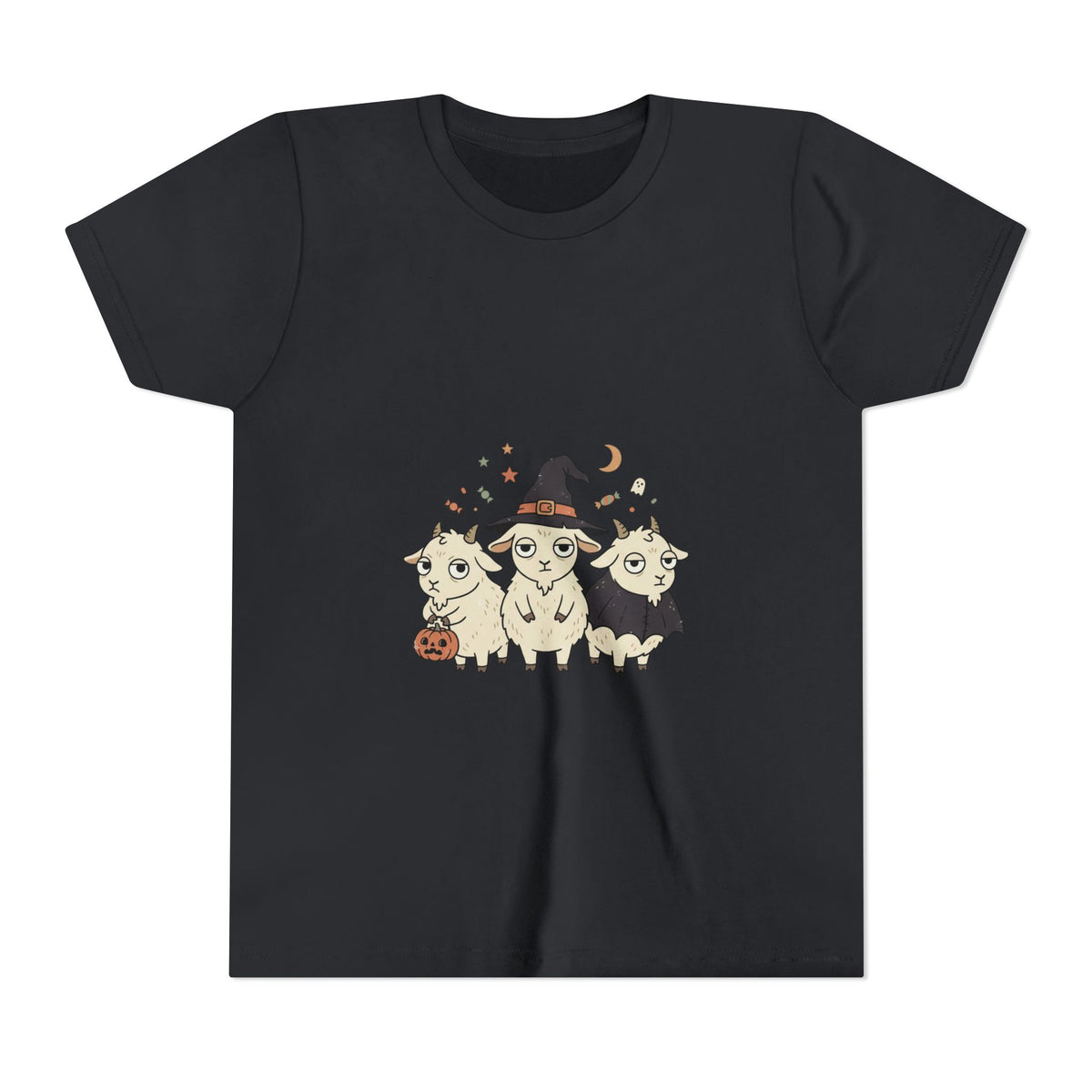 Youth Tee — Cute Halloween Goats Graphic Tee (Witch Hat, Pumpkin)