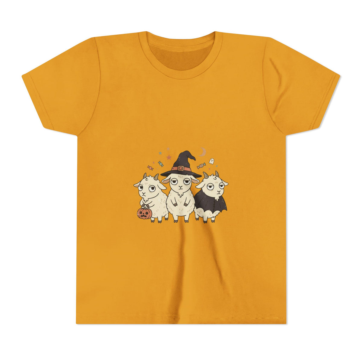 Youth Tee — Cute Halloween Goats Graphic Tee (Witch Hat, Pumpkin)