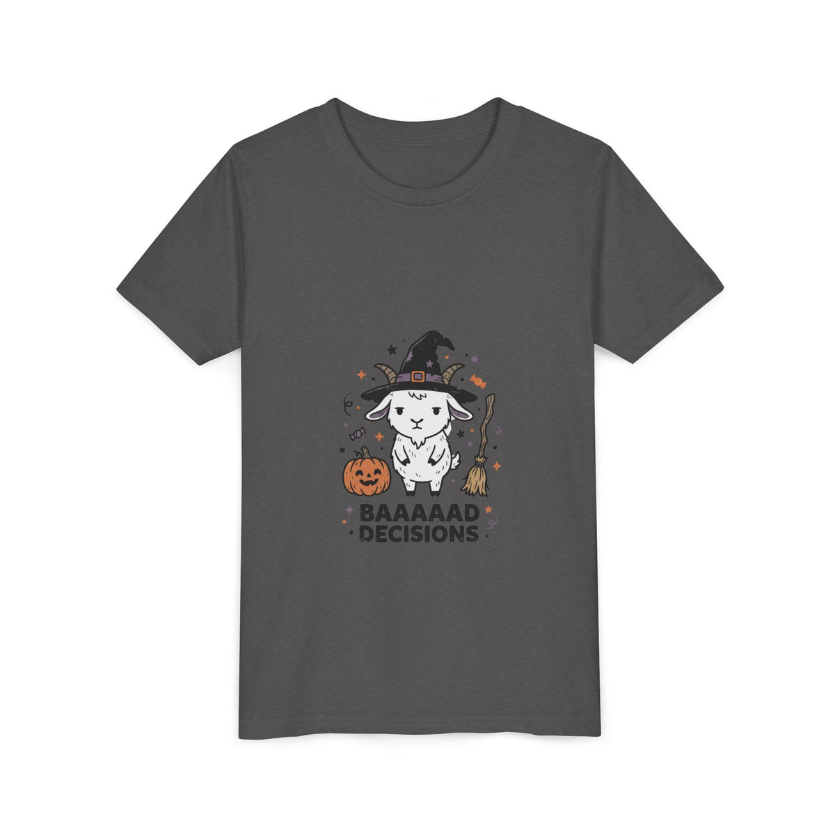 Kids Halloween Tee — 'Baaaad Decisions' Witch Sheep Graphic