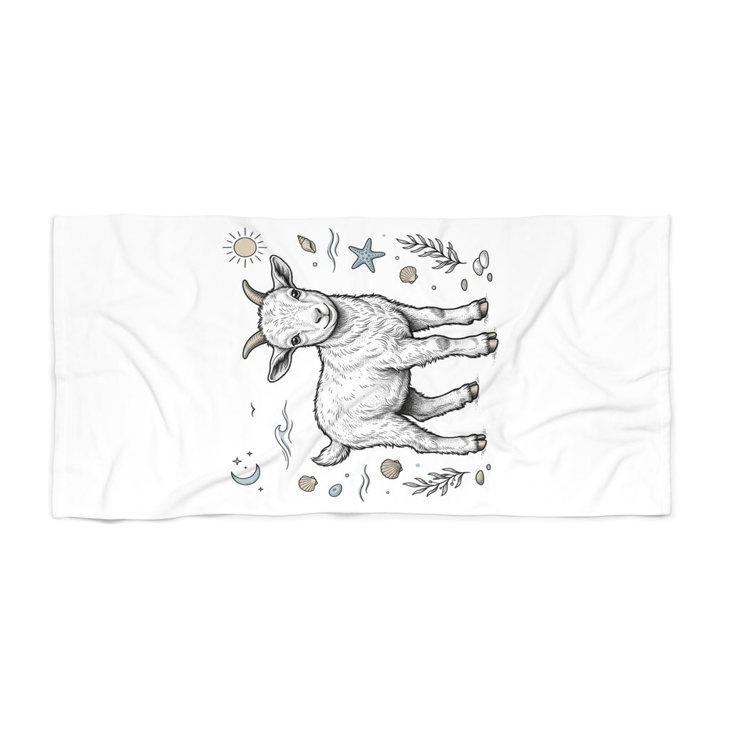 Goat Illustration Beach Towel — Cute Boho Farm Animal Sun & Moon Design