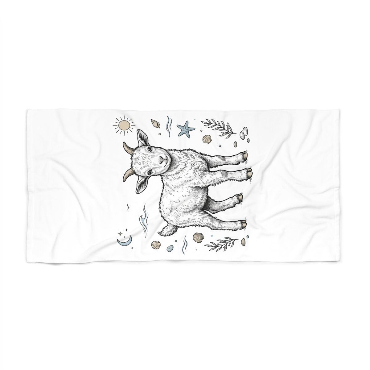 Goat Illustration Beach Towel — Cute Boho Farm Animal Sun & Moon Design