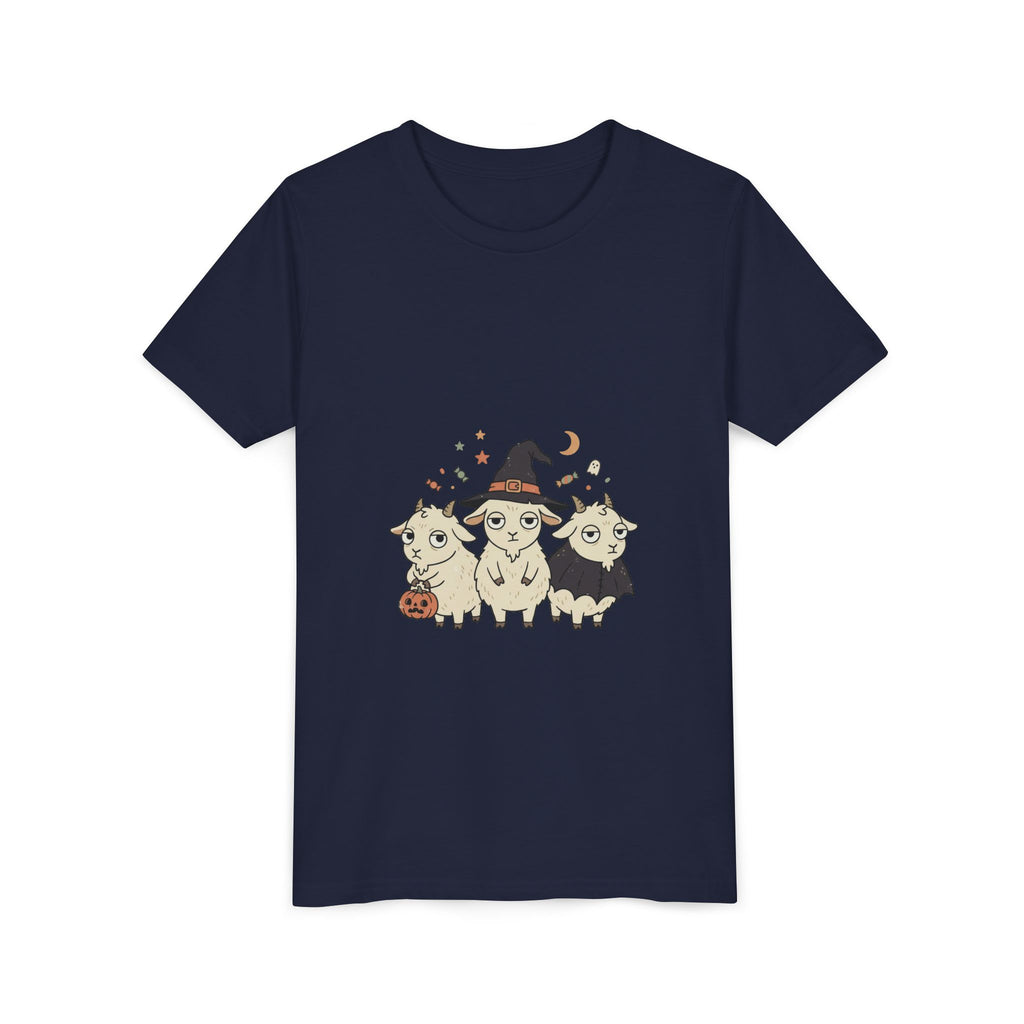 Youth Tee — Cute Halloween Goats Graphic Tee (Witch Hat, Pumpkin)