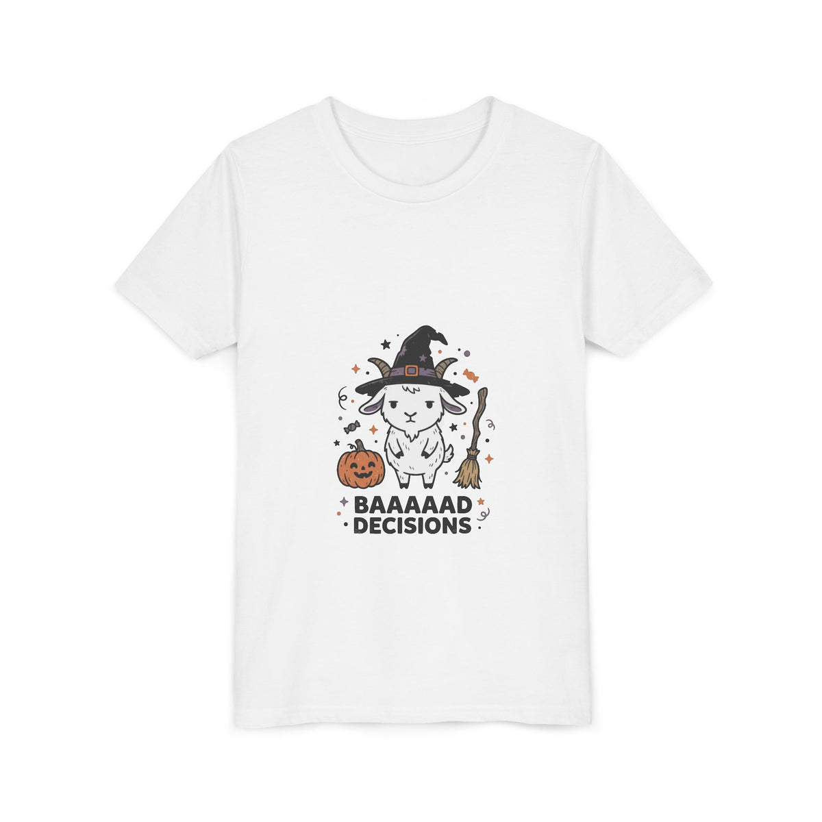 Kids Halloween Tee — 'Baaaad Decisions' Witch Sheep Graphic