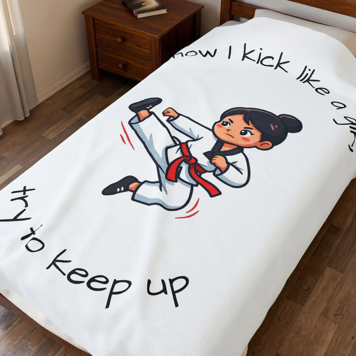 I Know I Kick Like a Girl Martial Arts Girl Velveteen Plush Blanket | Karate Kick Design