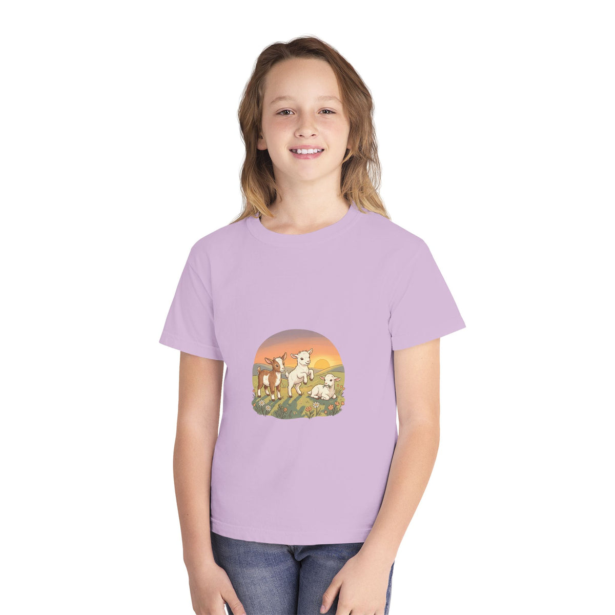 Goat Sunset Kids Tee | Baby Goats Illustration, Pastel Mint