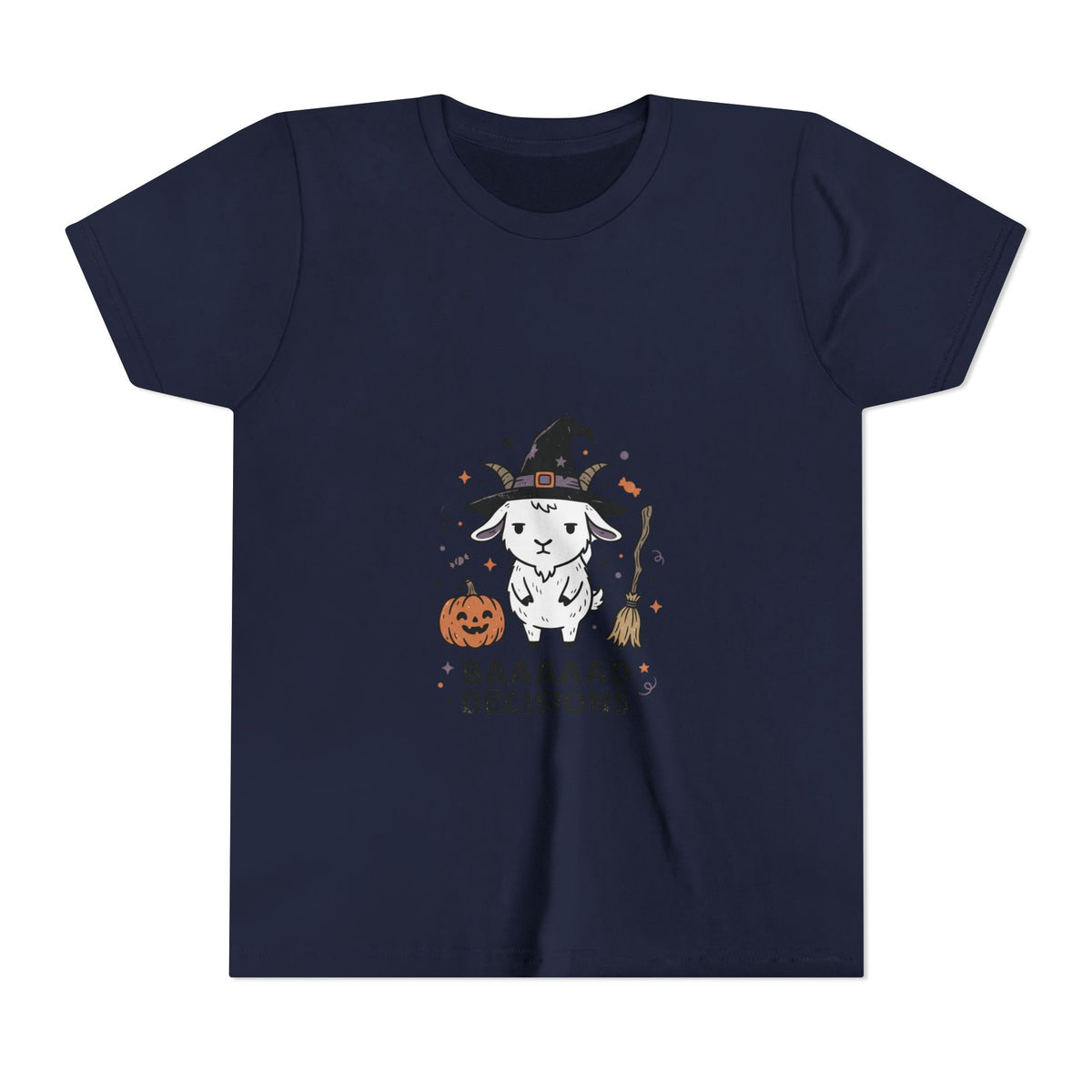 Kids Halloween Tee — 'Baaaad Decisions' Witch Sheep Graphic