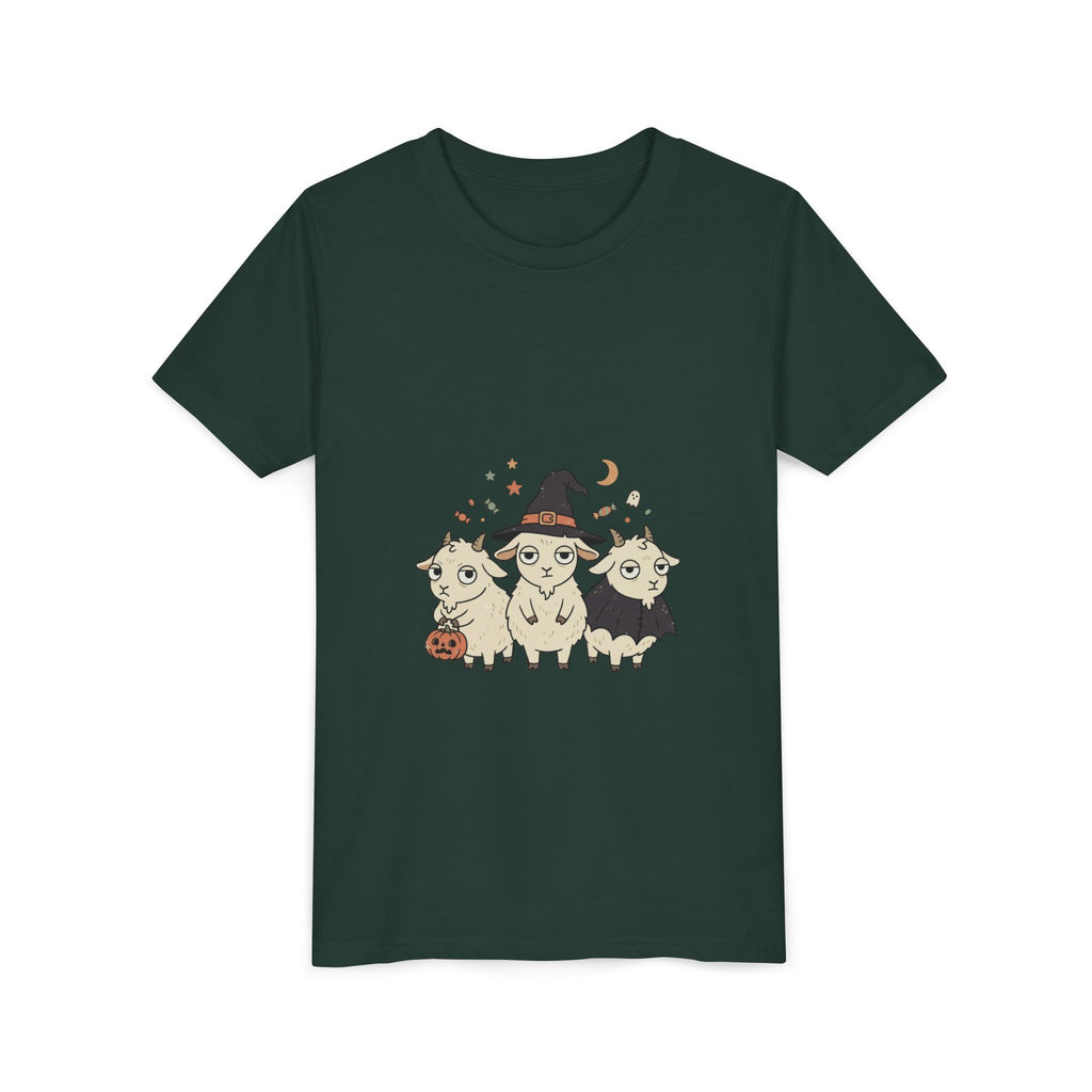 Youth Tee — Cute Halloween Goats Graphic Tee (Witch Hat, Pumpkin)