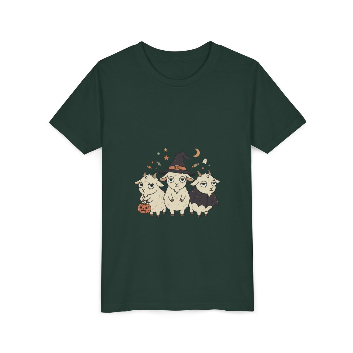 Youth Tee — Cute Halloween Goats Graphic Tee (Witch Hat, Pumpkin)