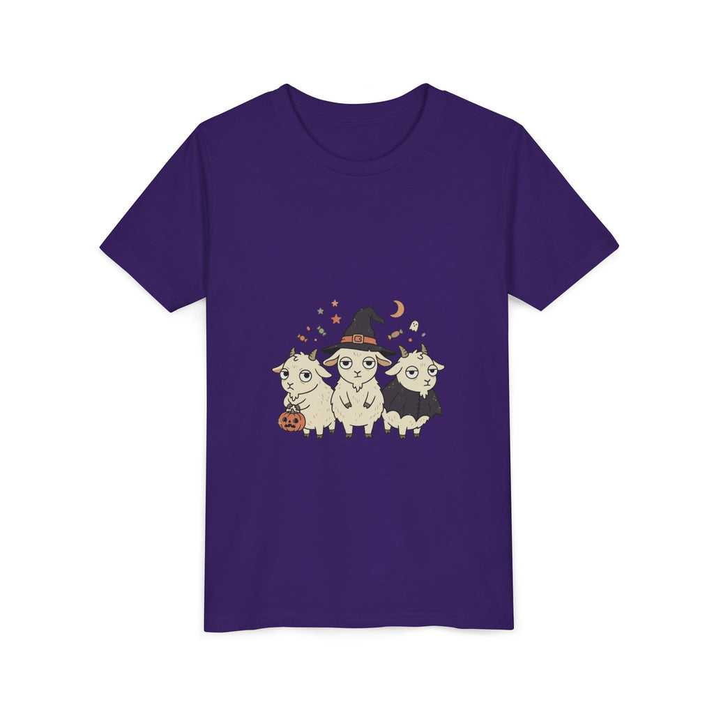 Youth Tee — Cute Halloween Goats Graphic Tee (Witch Hat, Pumpkin)