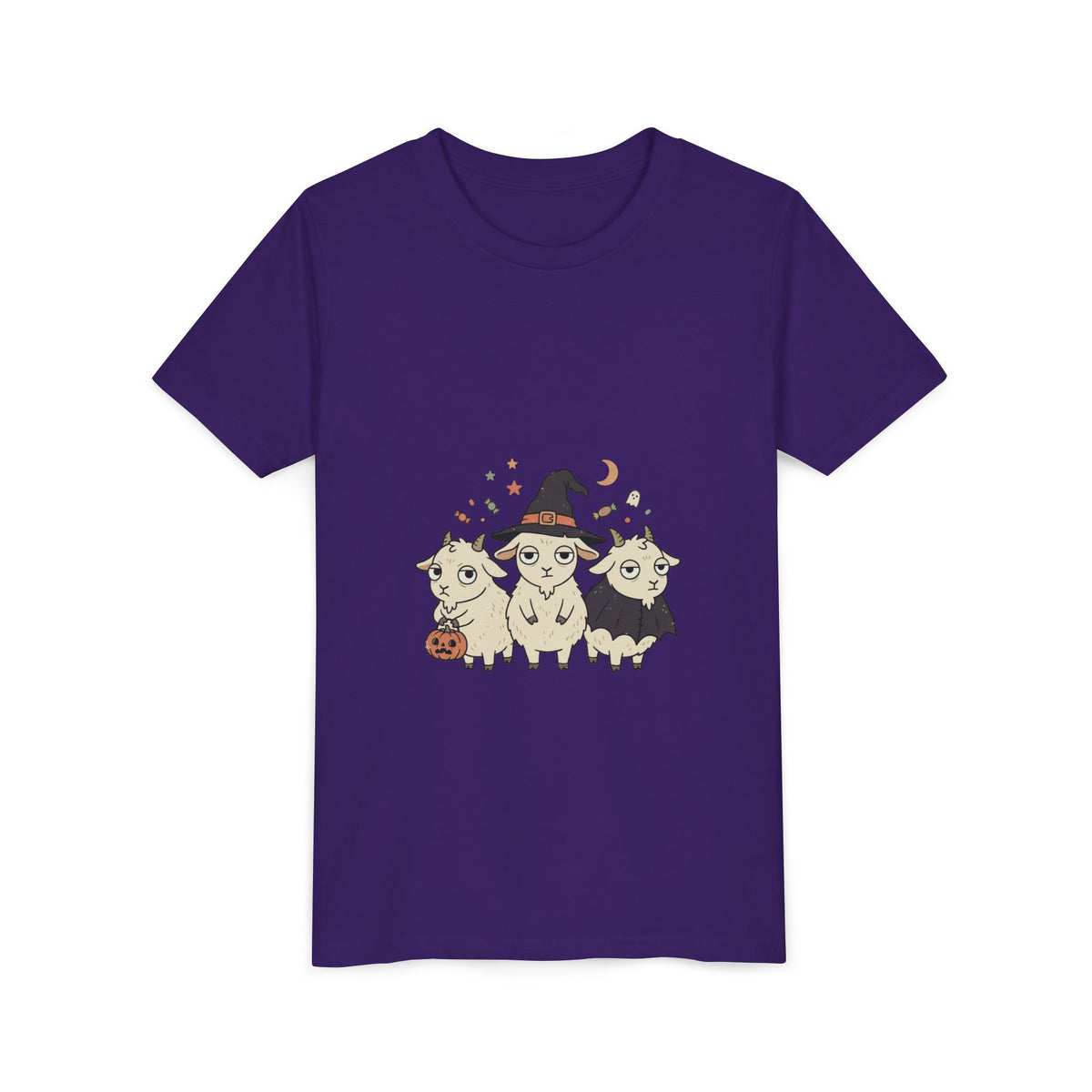 Youth Tee — Cute Halloween Goats Graphic Tee (Witch Hat, Pumpkin)