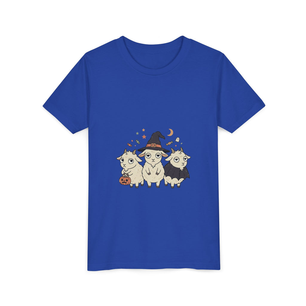 Youth Tee — Cute Halloween Goats Graphic Tee (Witch Hat, Pumpkin)
