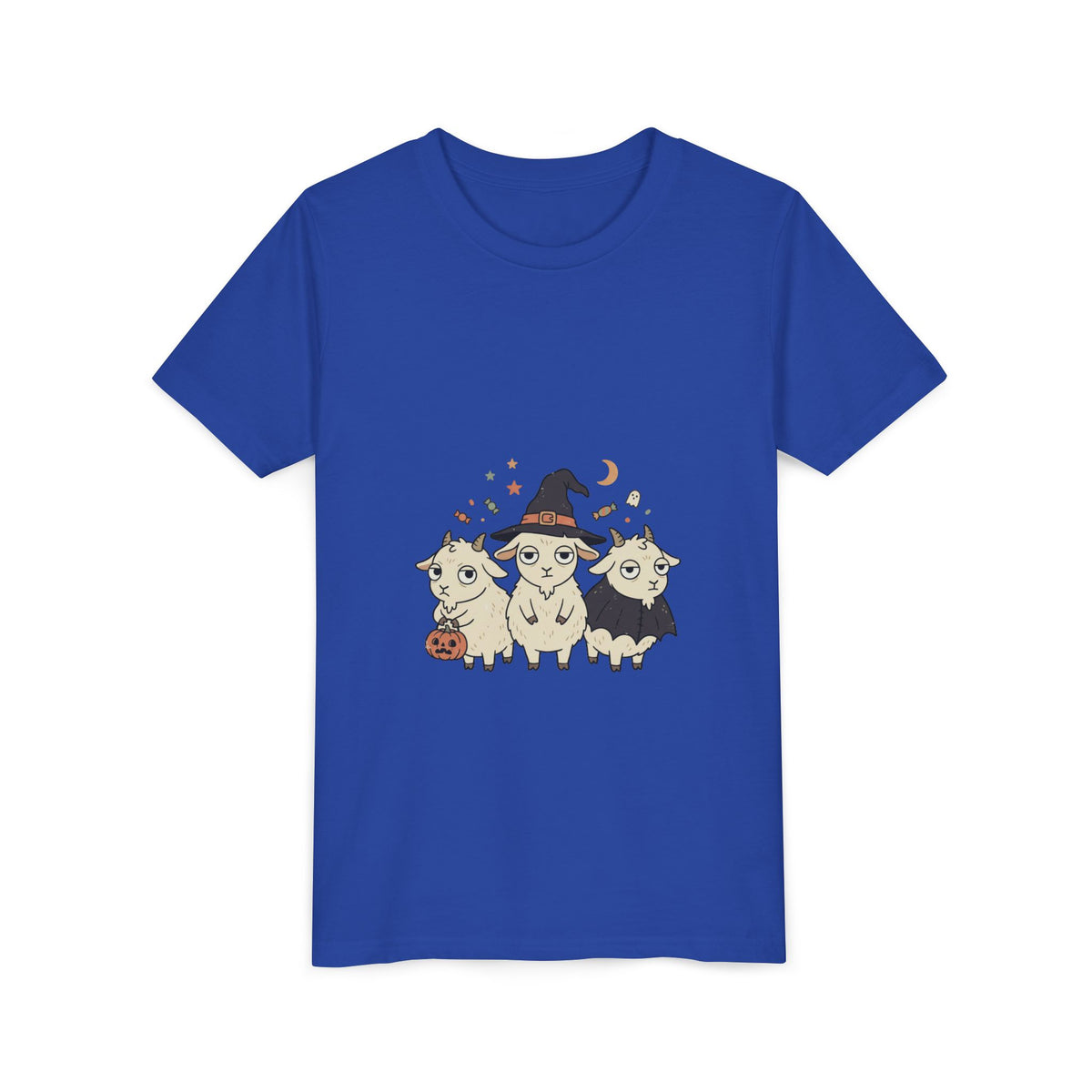 Youth Tee — Cute Halloween Goats Graphic Tee (Witch Hat, Pumpkin)