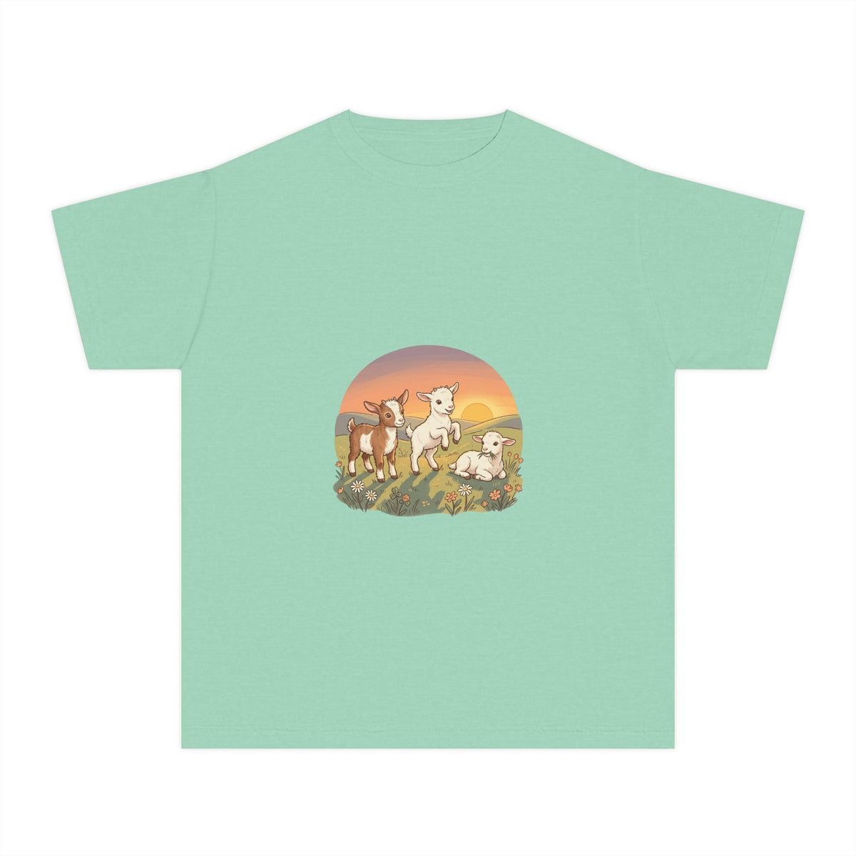 Goat Sunset Kids Tee | Baby Goats Illustration, Pastel Mint