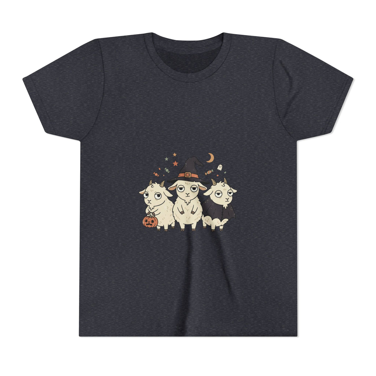Youth Tee — Cute Halloween Goats Graphic Tee (Witch Hat, Pumpkin)