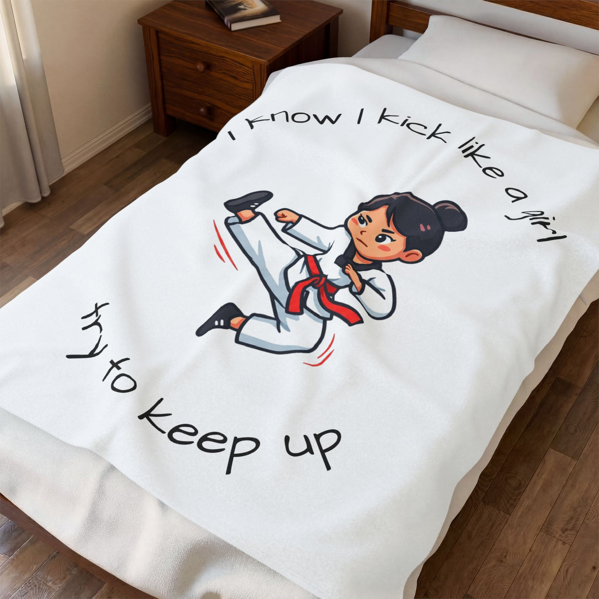 I Know I Kick Like a Girl Martial Arts Girl Velveteen Plush Blanket | Karate Kick Design
