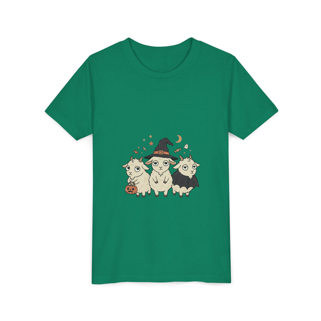 Youth Tee — Cute Halloween Goats Graphic Tee (Witch Hat, Pumpkin)