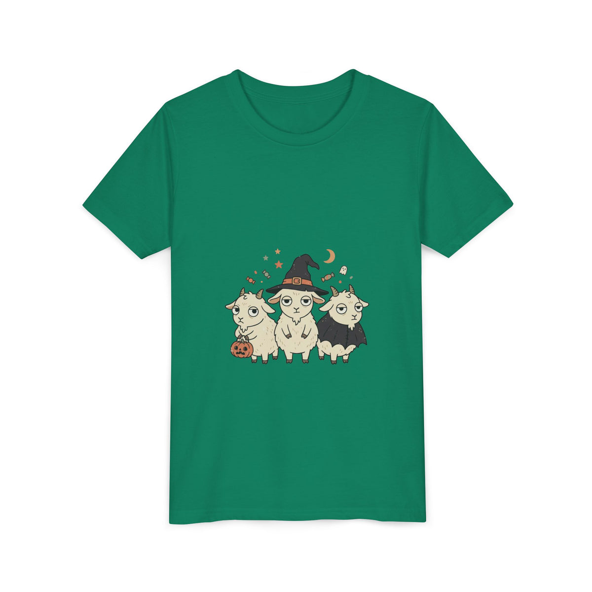 Youth Tee — Cute Halloween Goats Graphic Tee (Witch Hat, Pumpkin)