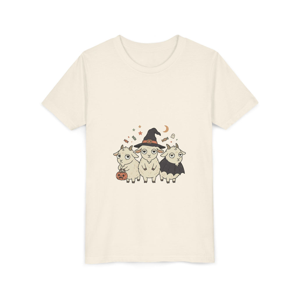 Youth Tee — Cute Halloween Goats Graphic Tee (Witch Hat, Pumpkin)