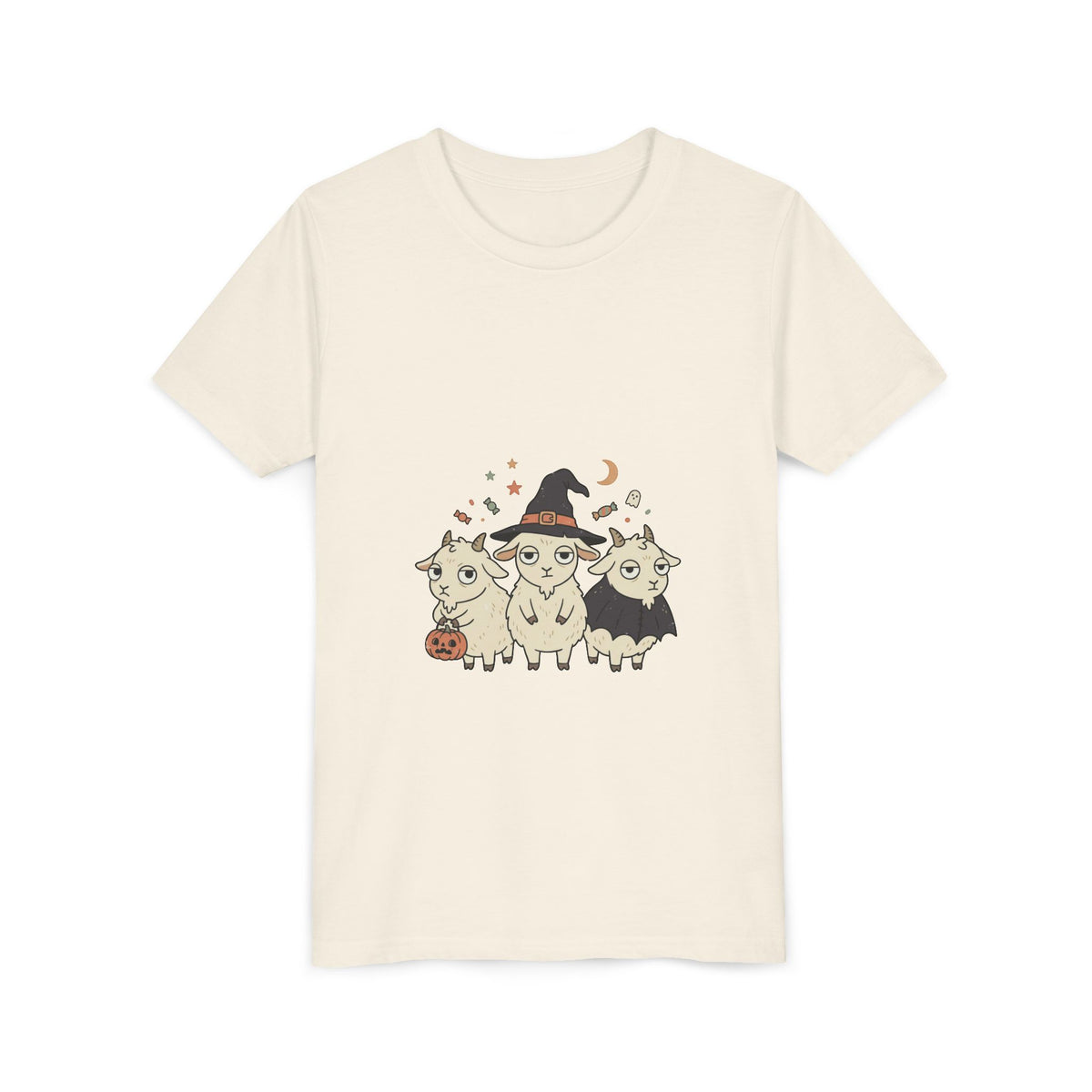 Youth Tee — Cute Halloween Goats Graphic Tee (Witch Hat, Pumpkin)