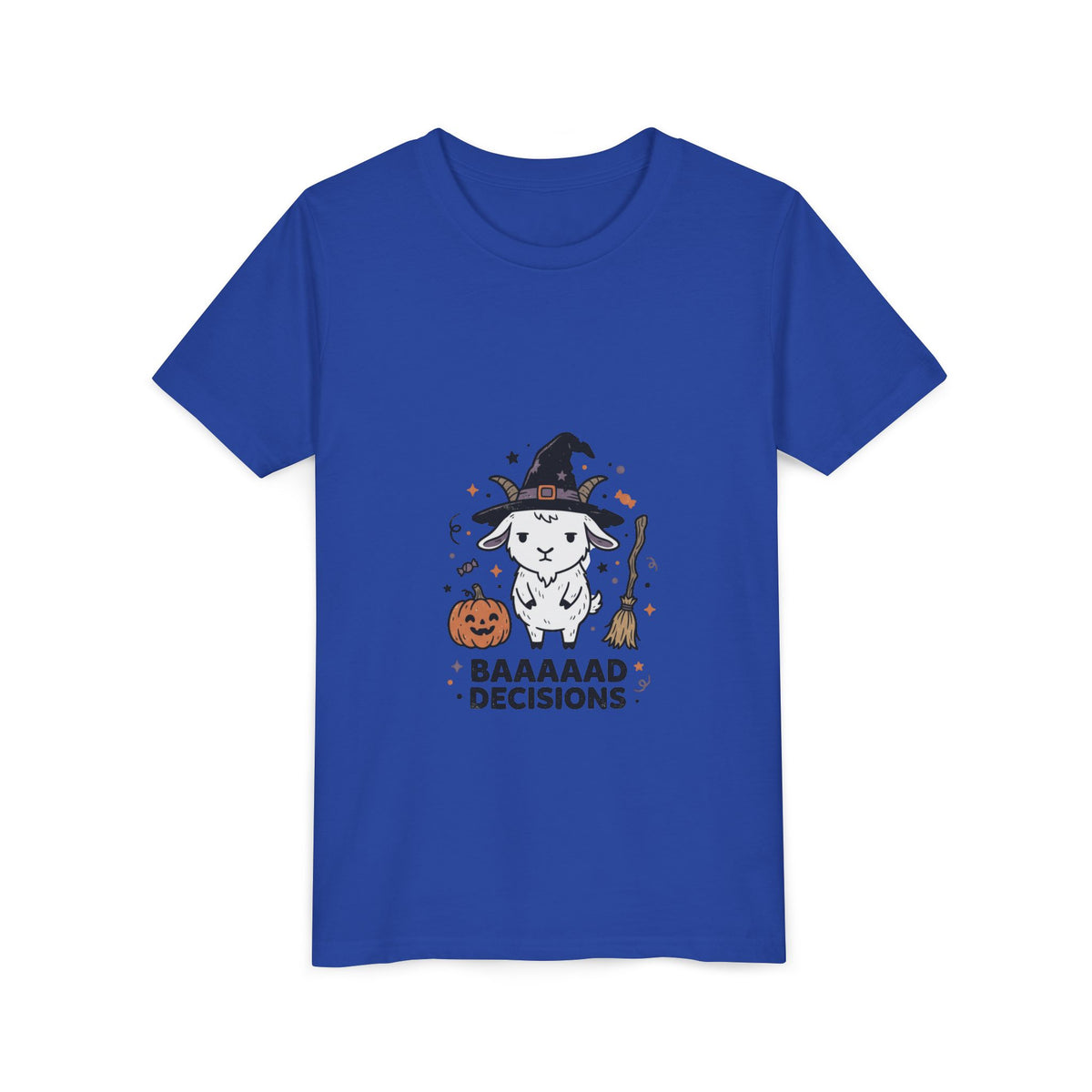Kids Halloween Tee — 'Baaaad Decisions' Witch Sheep Graphic