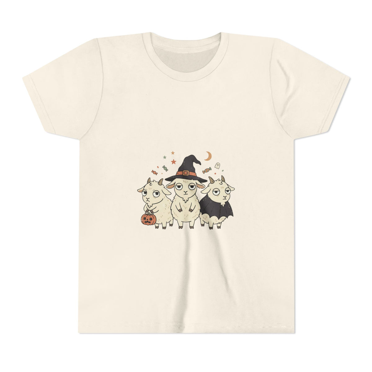 Youth Tee — Cute Halloween Goats Graphic Tee (Witch Hat, Pumpkin)