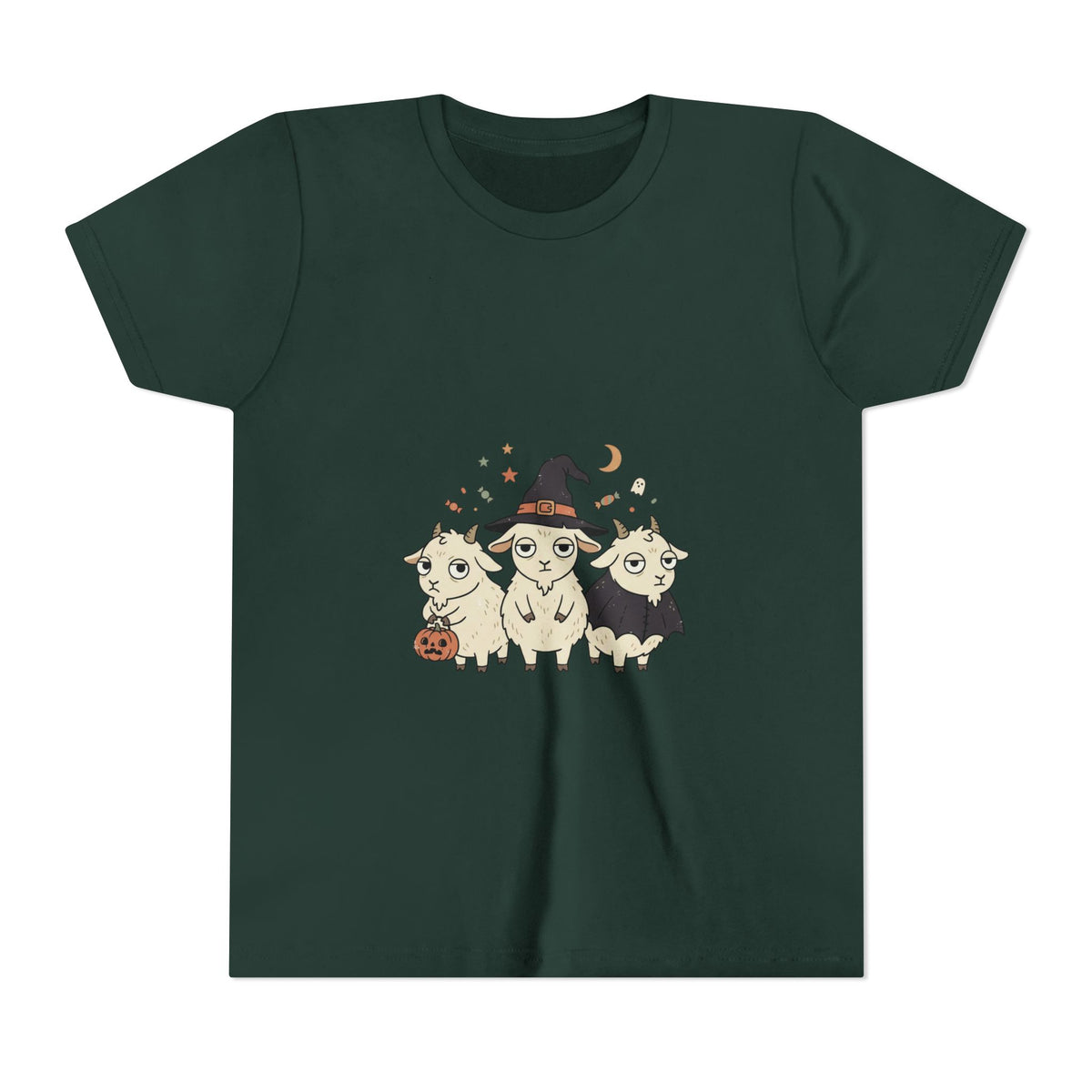 Youth Tee — Cute Halloween Goats Graphic Tee (Witch Hat, Pumpkin)