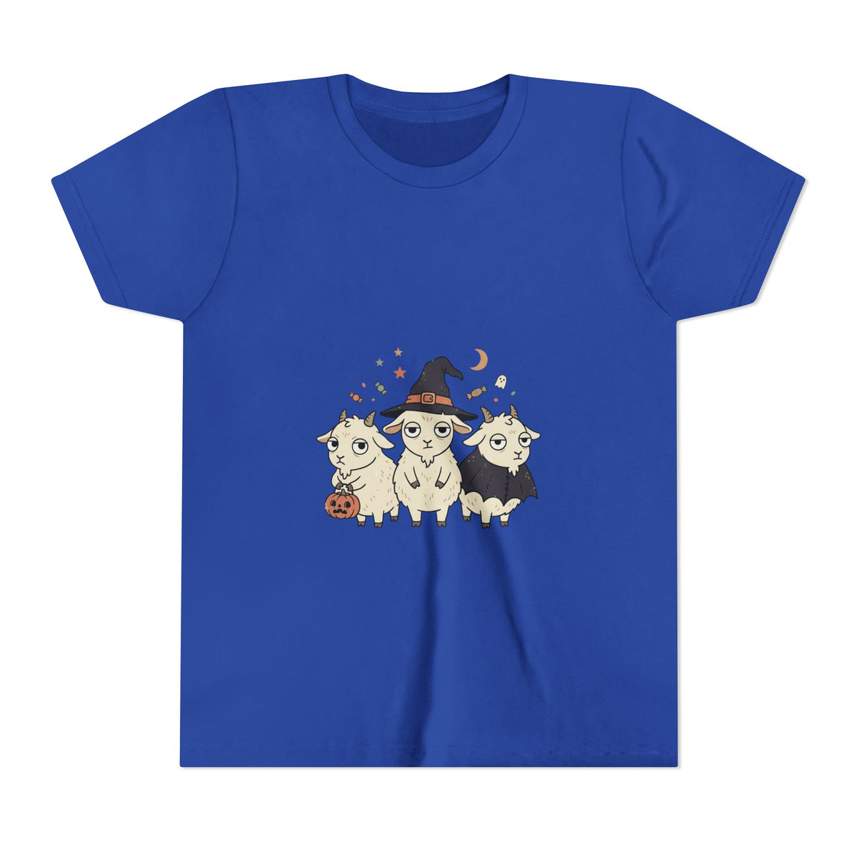 Youth Tee — Cute Halloween Goats Graphic Tee (Witch Hat, Pumpkin)