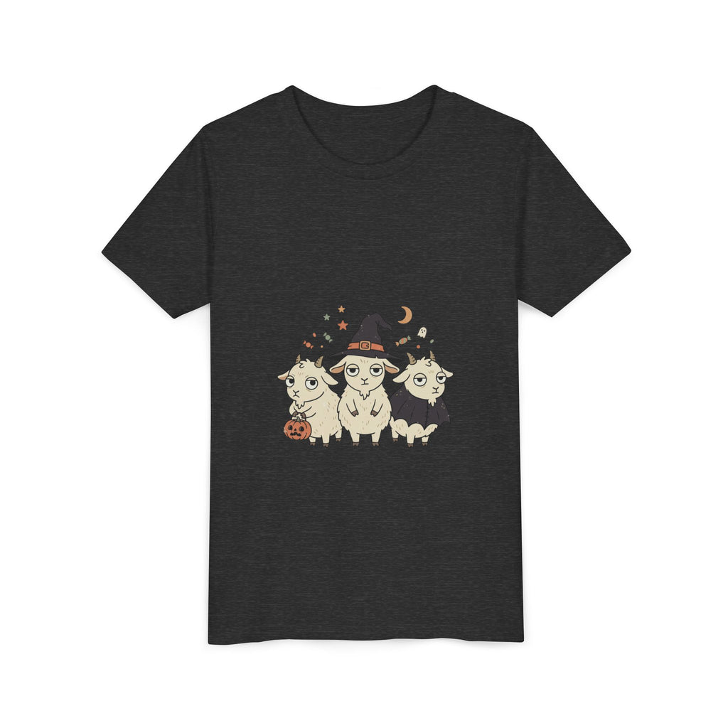 Youth Tee — Cute Halloween Goats Graphic Tee (Witch Hat, Pumpkin)