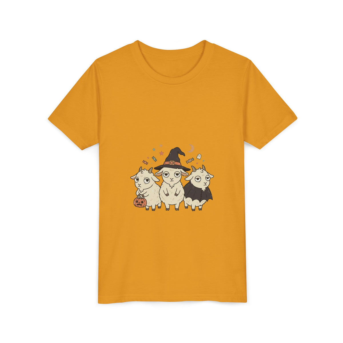 Youth Tee — Cute Halloween Goats Graphic Tee (Witch Hat, Pumpkin)