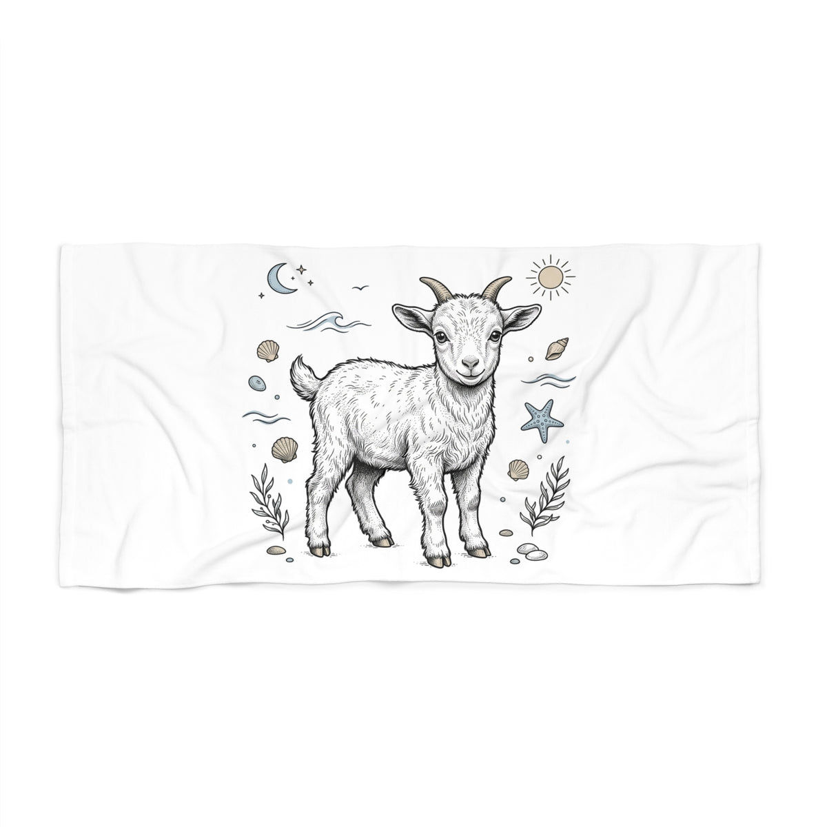 Goat Beach Towel — Cute Coastal Baby Goat Illustration Beach Towel