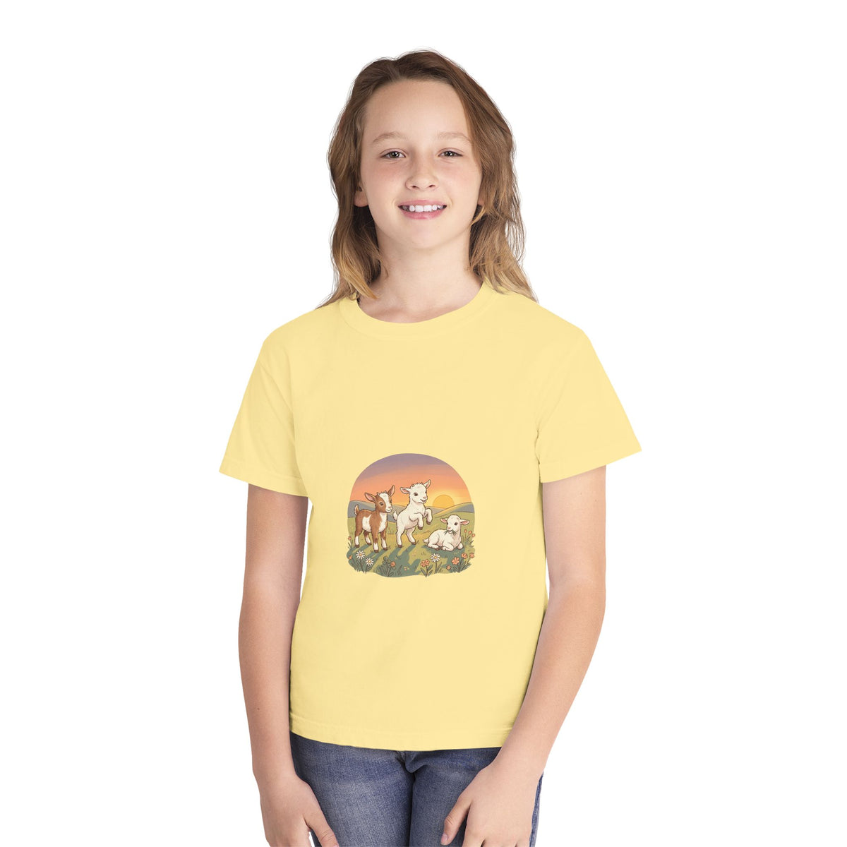 Goat Sunset Kids Tee | Baby Goats Illustration, Pastel Mint