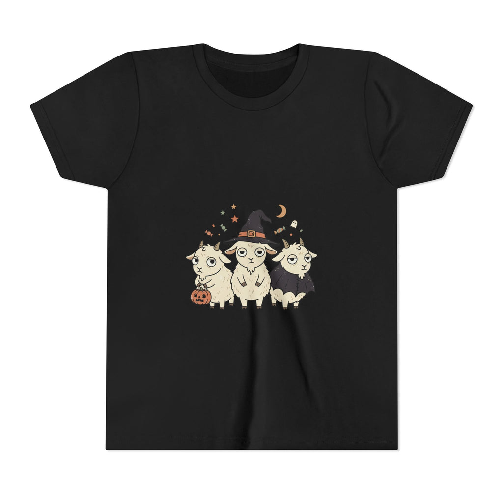 Youth Tee — Cute Halloween Goats Graphic Tee (Witch Hat, Pumpkin)
