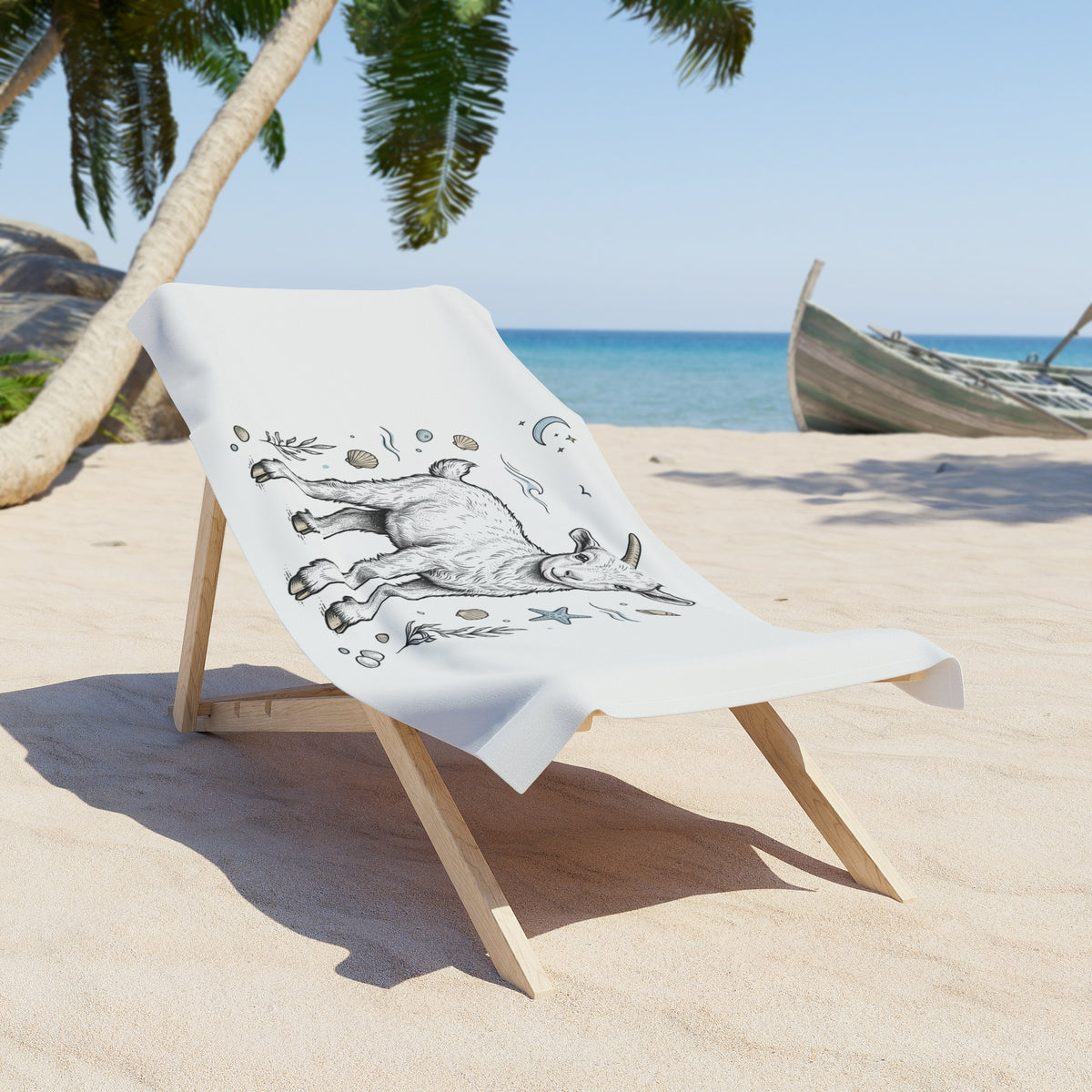Goat Beach Towel — Cute Coastal Baby Goat Illustration Beach Towel