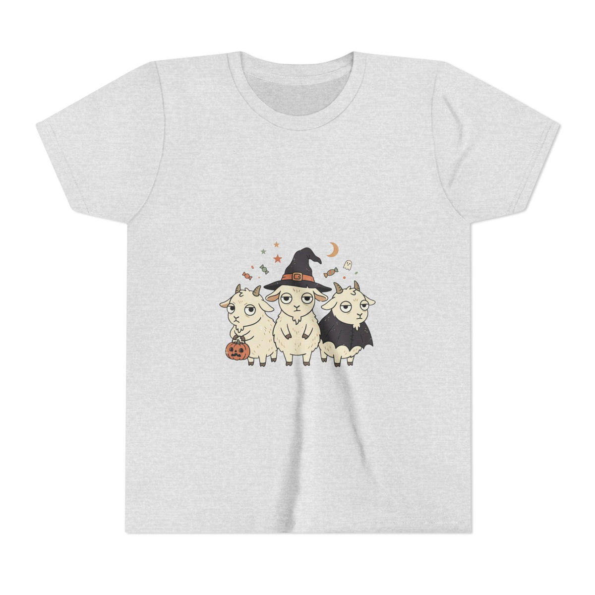 Youth Tee — Cute Halloween Goats Graphic Tee (Witch Hat, Pumpkin)