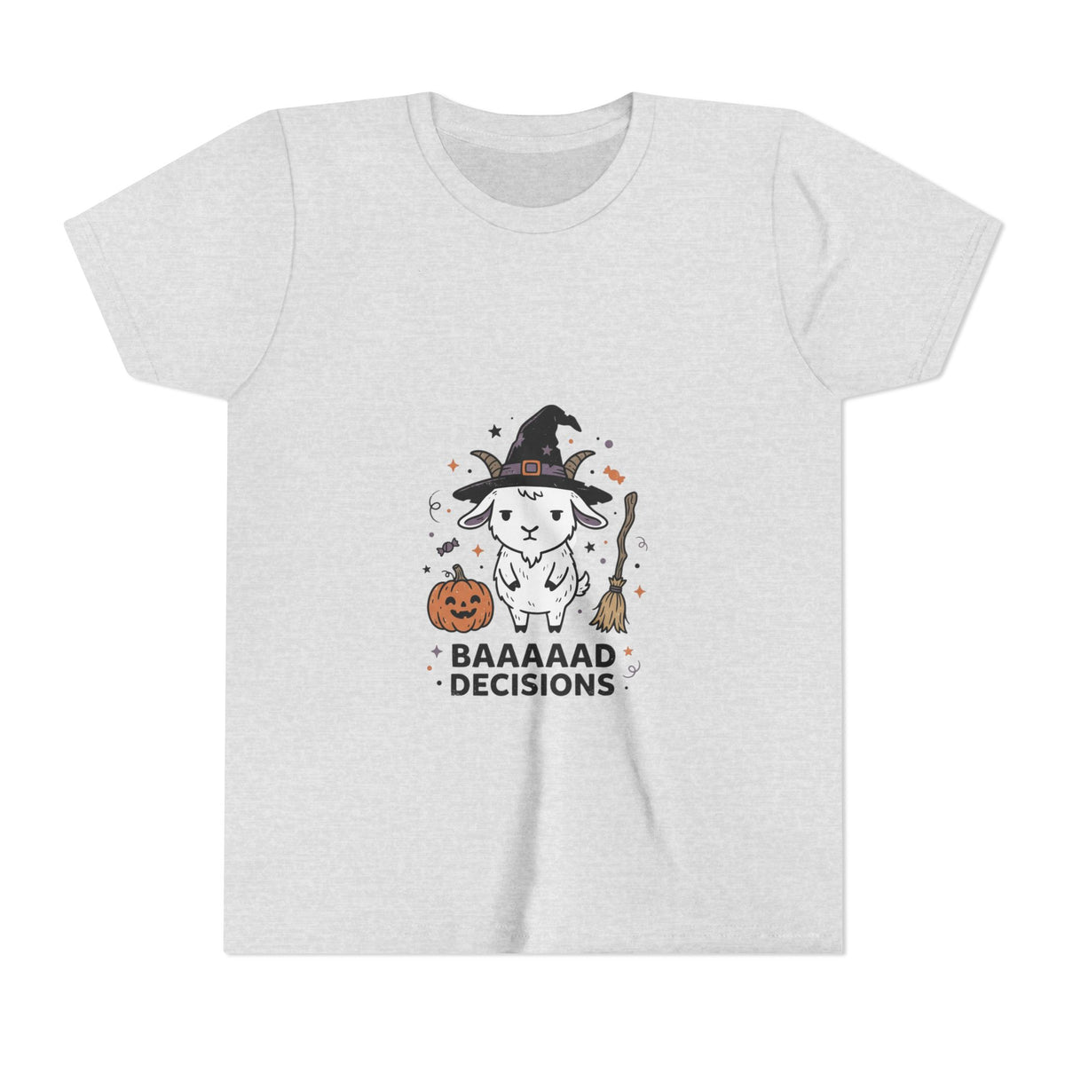 Kids Halloween Tee — 'Baaaad Decisions' Witch Sheep Graphic