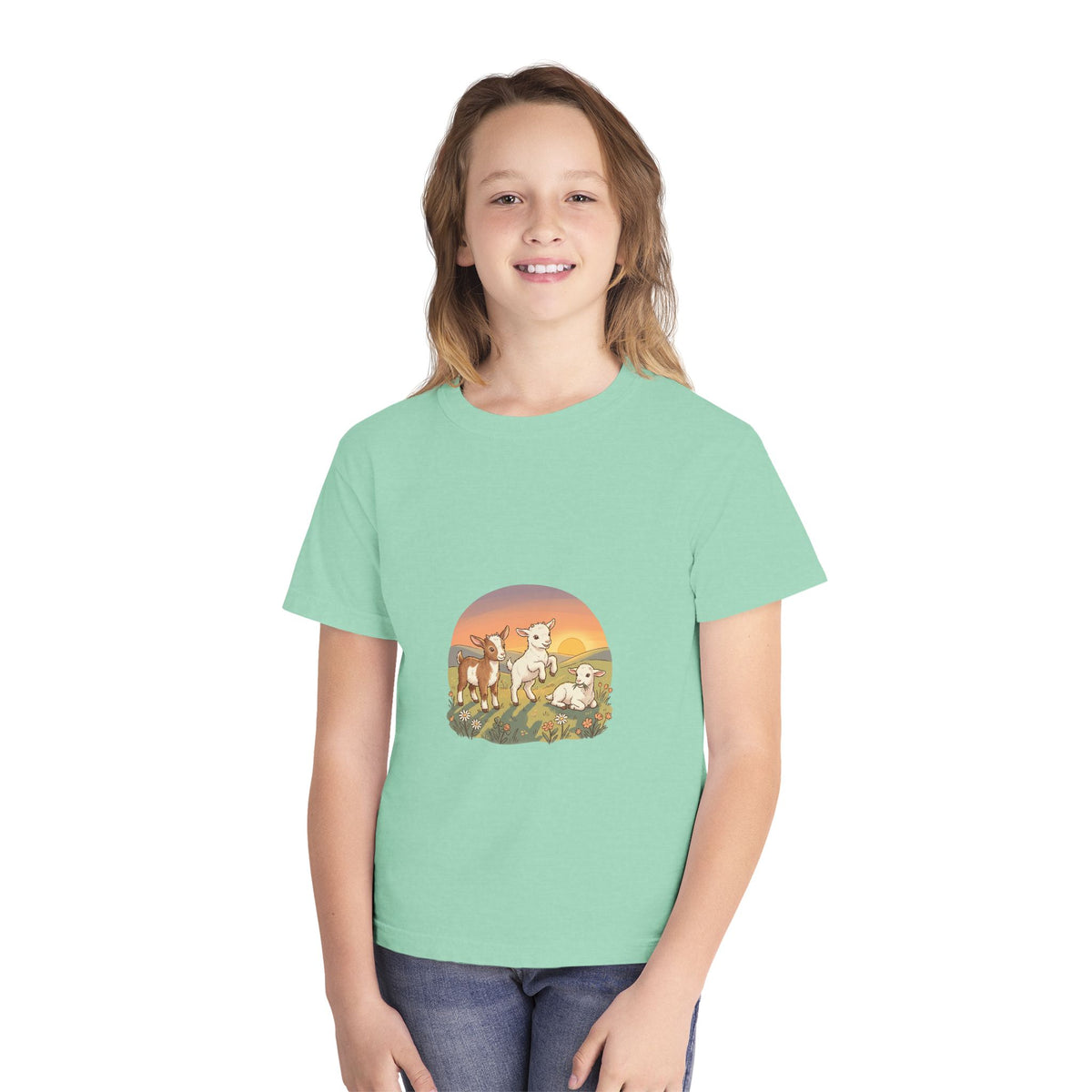 Goat Sunset Kids Tee | Baby Goats Illustration, Pastel Mint