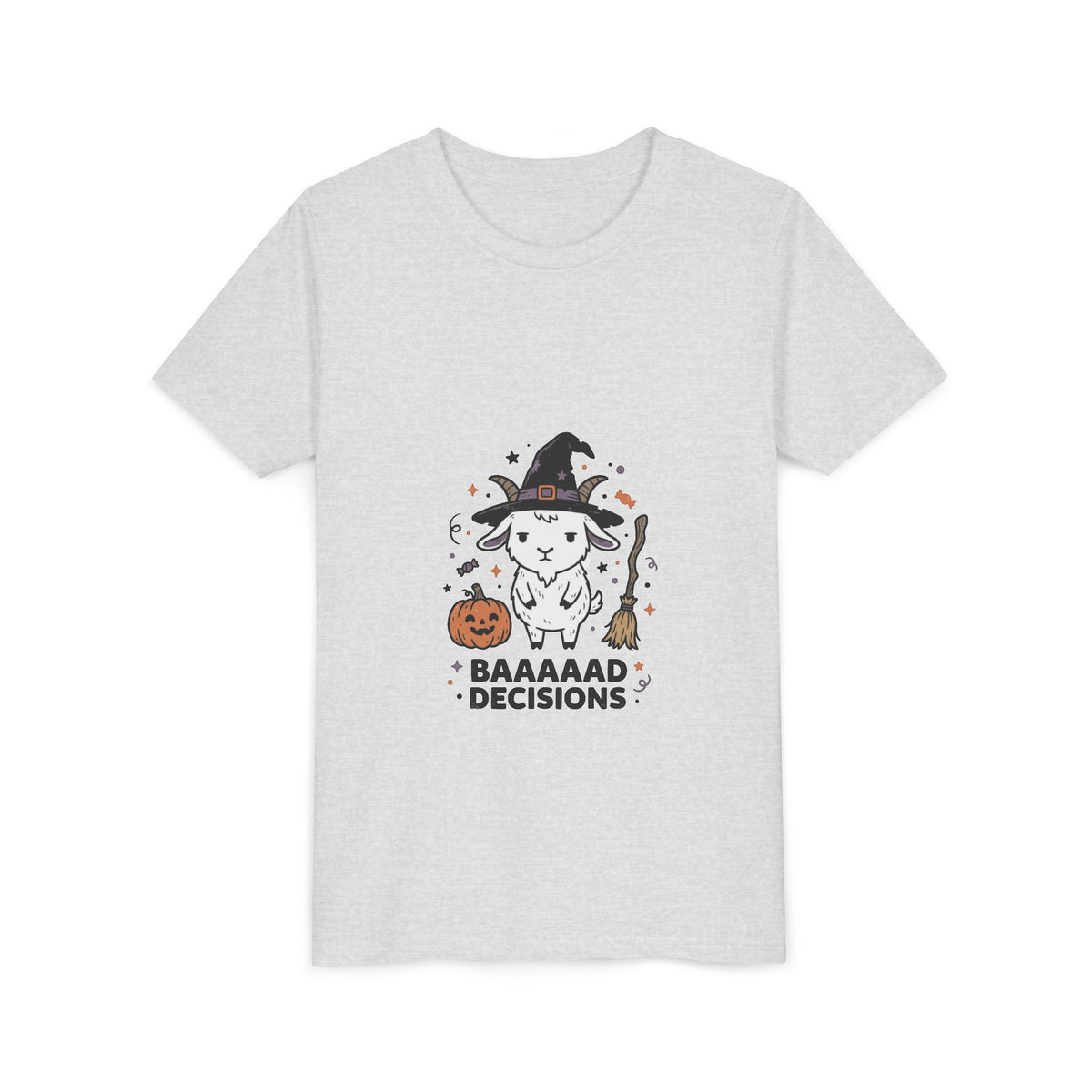 Kids Halloween Tee — 'Baaaad Decisions' Witch Sheep Graphic