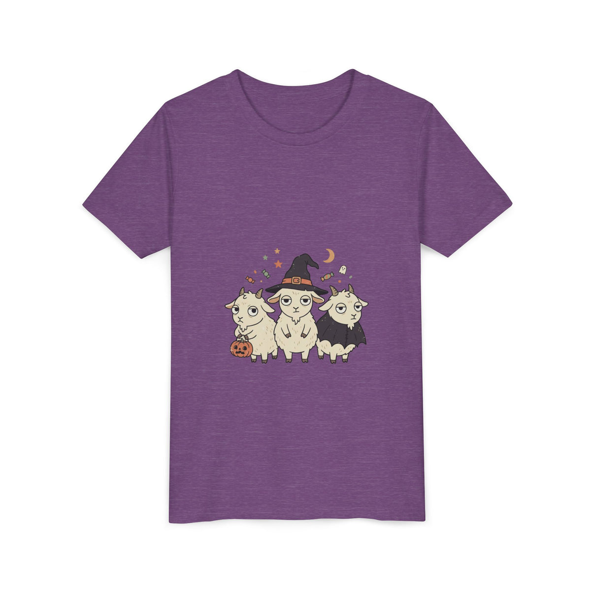 Youth Tee — Cute Halloween Goats Graphic Tee (Witch Hat, Pumpkin)