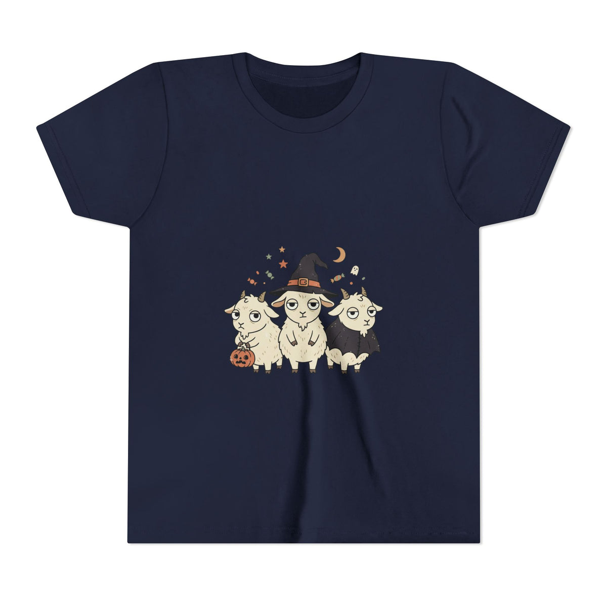 Youth Tee — Cute Halloween Goats Graphic Tee (Witch Hat, Pumpkin)