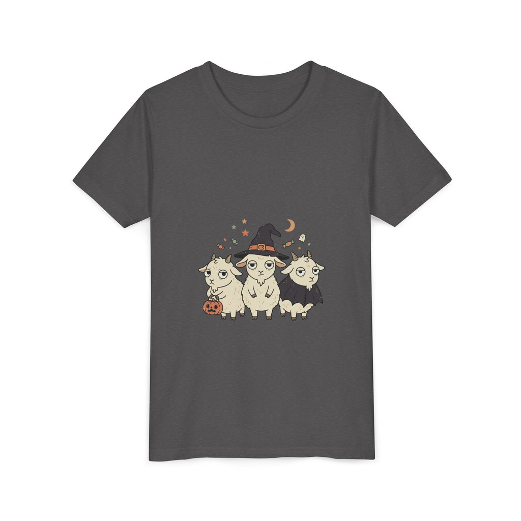 Youth Tee — Cute Halloween Goats Graphic Tee (Witch Hat, Pumpkin)